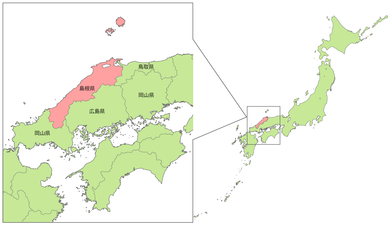 日本地図上の島根県の位置