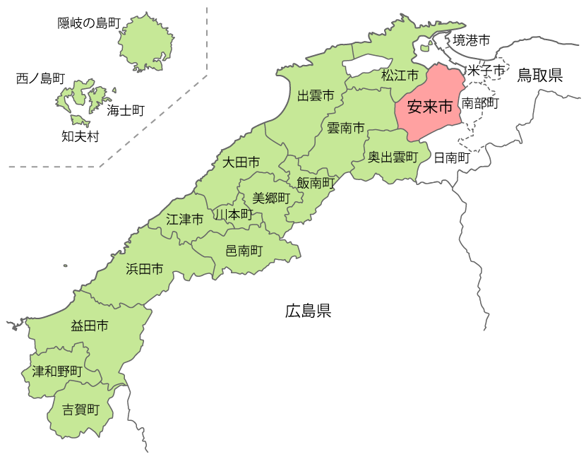 島根県地図上の安来市の位置